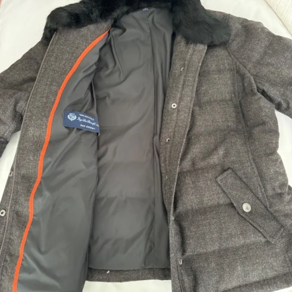 Loro Piana for Brooks Brothers Wool & Duck Down Coat w Rabbit Fur Collar sz 14/L